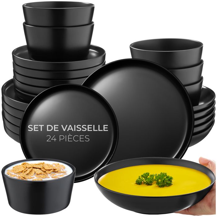Service de vaisselle - TECTAKE - Service de vaisselle UNA en grès composé de 24 pièces pour 6 personnes style urbain - Noir