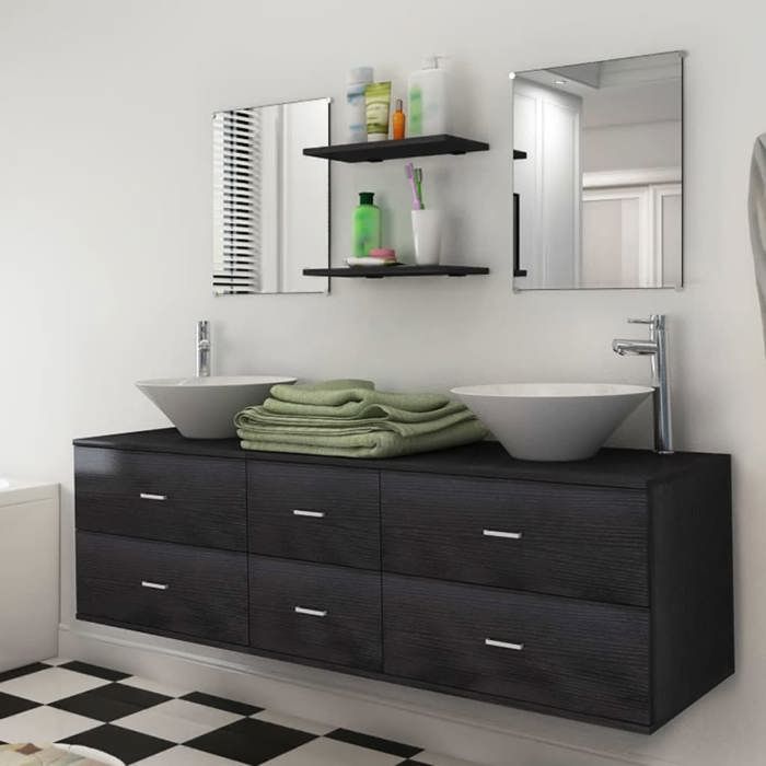 vidaXL Neuf pcs mobilier meuble pour salle de bains avec lavabo et robinet noir 273689
