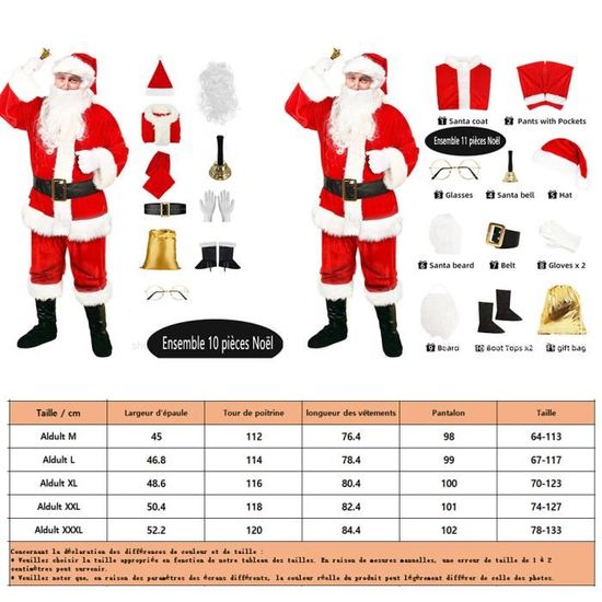 Costume Complet Père Noël 10 Pièces Pour Adulte - Rouge Avec Sac Doré - Barbe, Perruque, Lunettes, Chapeau - Pour Fêtes Et Animations - 2