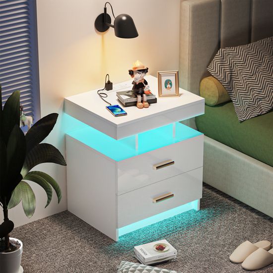 Lot de 2, table de chevet avec lumières LED et station de recharge Lot de 2, table de chevet avec lumières LED et station de recharge