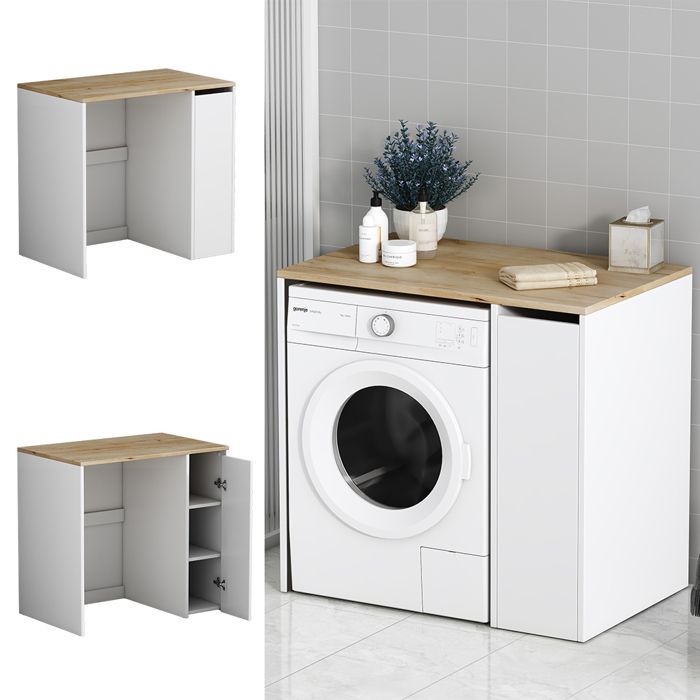HORTI - Meuble salle de bain avec panier à linge - 31x30x174cm - Colonne rangement SDB - Blanc