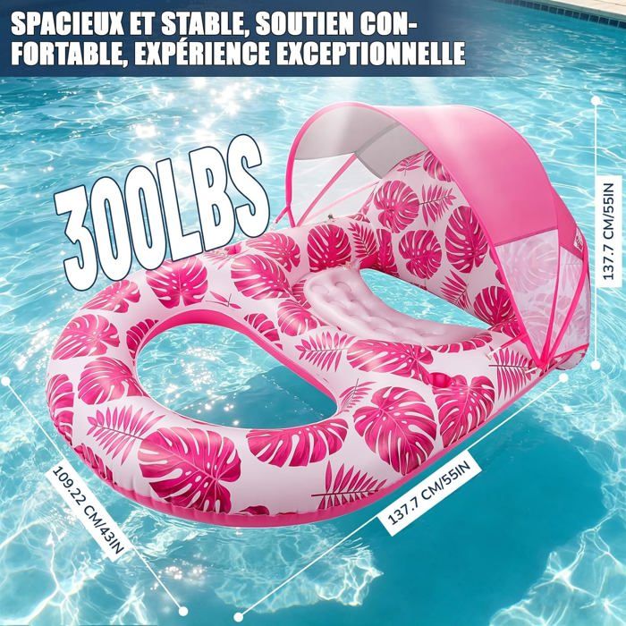 Matelas Gonflable Piscine Avec Pare-soleil UPF50+ - Transat Flottant Pour Adulte, Porte-gobelet Et Rangement Téléphone
