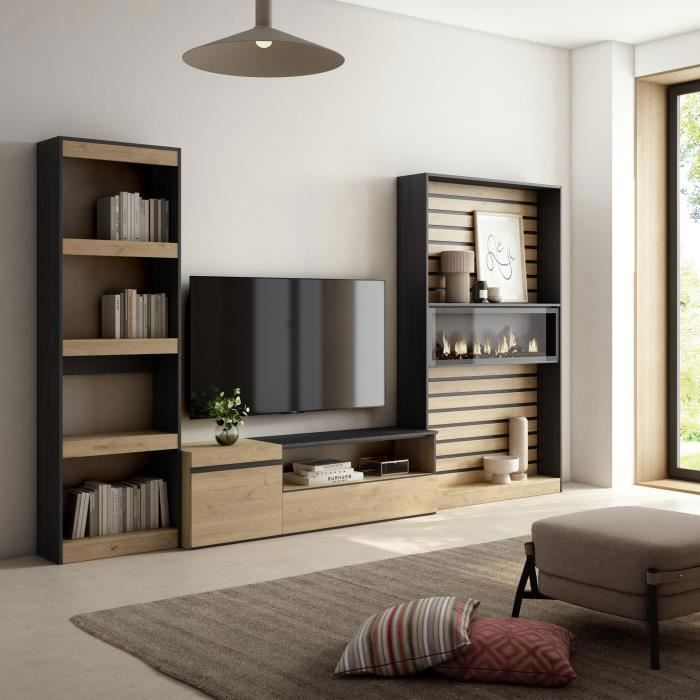 Skraut Home - Ensemble Meuble TV, Meuble Salon Complet, 260x186x35cm, Pour les TV jusqu'à 65, Cheminée électrique, Style moderne, Blanc et noir