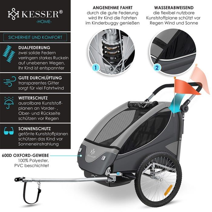 Chariot Pliable KESSER GTS-9100 – Toit, Harnais 3 Points, Roues 360°, Freins, Sac Inclus – Jusqu’à 80 Kg