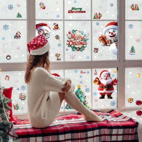 Lot De 10 Feuilles D'autocollants Noël Pour Fenêtres – Motifs Bonhomme De Neige, Sapin, Père Noël, Réutilisables