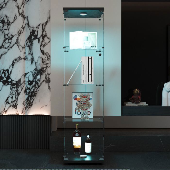Vitrine En Verre Avec éclairage LED - Armoire De Présentation 2 Compartiments Pour Collection, Livres, Vin - Noir Ou Blanc