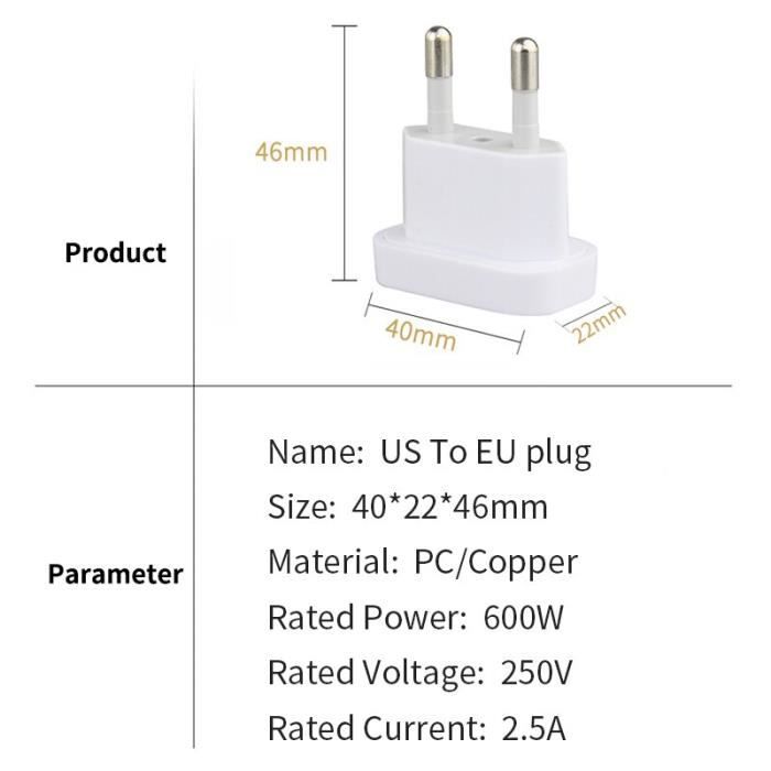 Adaptateur prise Adaptateur de prise US a ue 4.0mm 4.8mm 2 prises rondes Mini