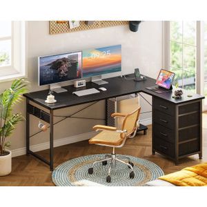 Bureau avec pieds et cadre en métal, étagère murale incluse (Noir et Chêne