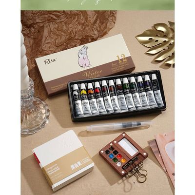 Mini kit de peinture aquarelle de voyage, 8 grilles en bois avec clip en métal, 12 couleurs pour artiste de poche, cadeau pour peintres, artistes et étudiants (15 roses + 24