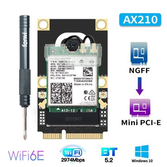 Carte WiFi 6E AX210 Mini PCI-E - Bluetooth 5.2, Triple Bande 2.4/5/6 GHz, Jusqu'à 2400 Mbps