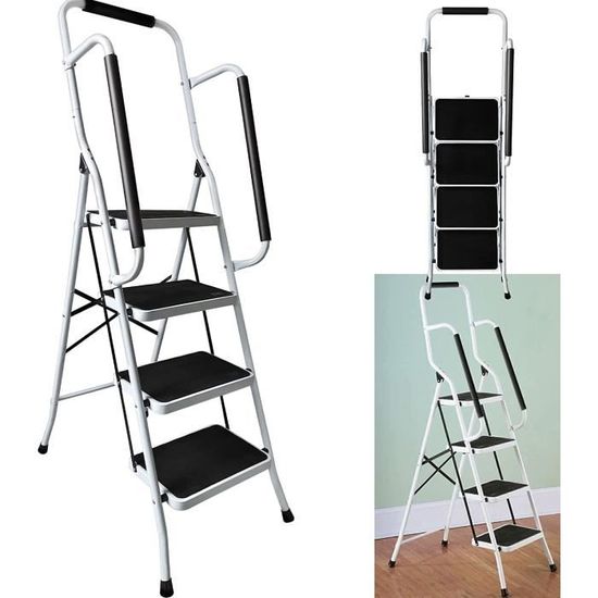 Escabeau Pliable 2 Marches - Charge Max 150 Kg, Marches Antidérapantes, Poignée - En Métal, 71 Cm Haut - Pour Maison, Bureau, Garage (Noir)