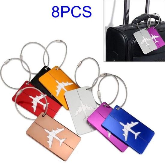 8 Étiquettes Bagage Avion En Aluminium - Carte PVC Étanche - Cordon Métal Pour Valise & Sac