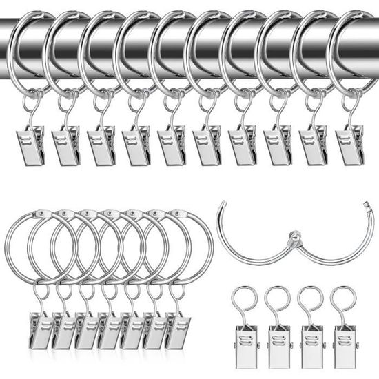 Lot de 40 anneaux de rideau en métal avec clips pour fenêtre, porte ...