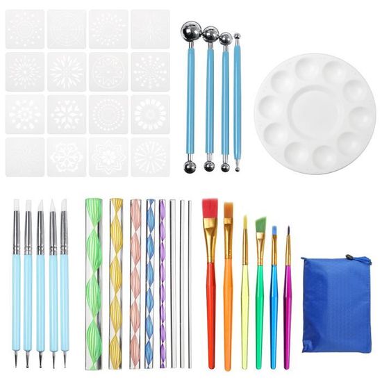 Kit D'outils Pour Peinture Mandala - 20 Pièces, Pochoirs, Pinceaux, Stylet à Pointiller - 12