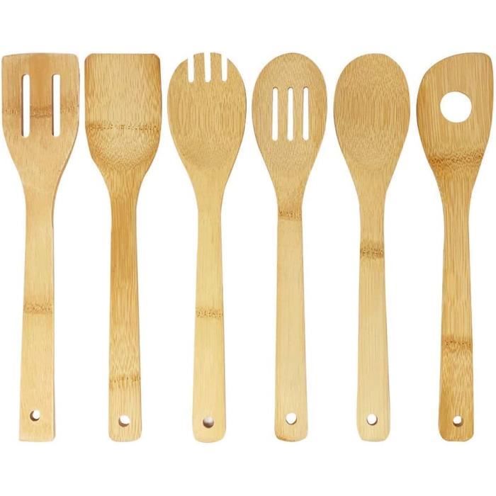6 Ustensiles De Cuisine En Bambou - Lot De Spatules Et Cuillères 30 Cm, Anti-rayures, Pour Cuisson Et Service - 14