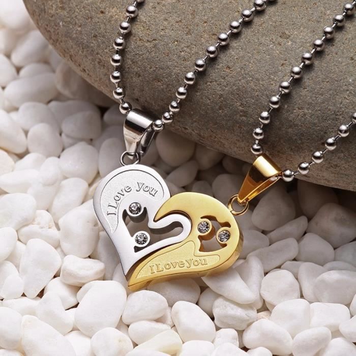 Collier - I Love You - Couple - Amoureux - Coeurs - Doré/Argenté