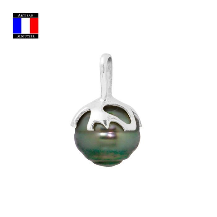 Compagnie Générale des Perles - Pendentif - Véritable Perle de Tahiti Cerclée 9-10 mm - Or Blanc 18 Cts - Bijou Femme