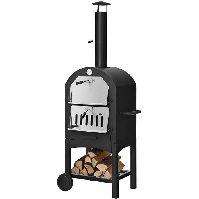 GOPLUS Four à Pizza Jardin au Charbon de Bois avec Gril à Pizza Housse Imperméable Thermomètre Double et Cheminée pour l’Extérieur
