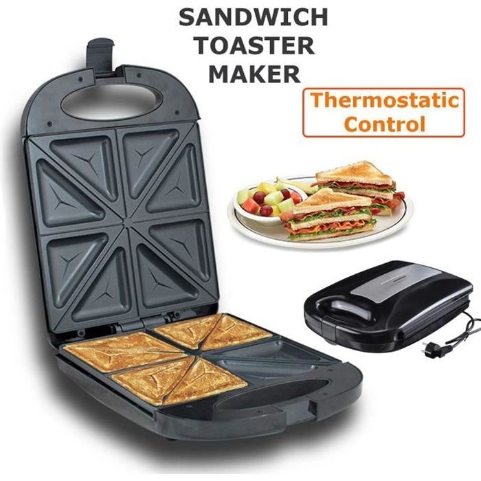 Appareil à Croque Monsieur 1200W, Machine à Sandwich Toaster Maker 4 Tranches, Plaques Antiadhésives, Double Face Uniforme, Noir