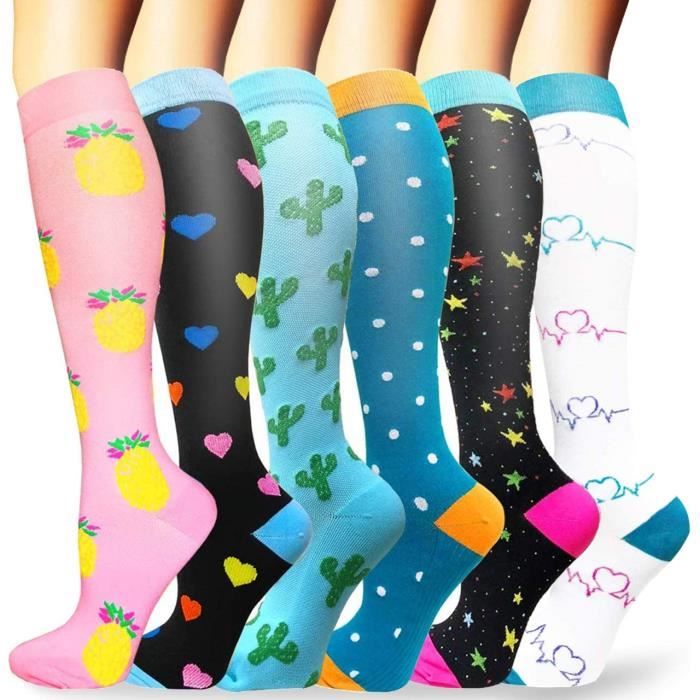 multicolorChaussettes de compression pour hommes et femmes, adaptées au sport, au cyclisme et aux voyages en avion 6 paires