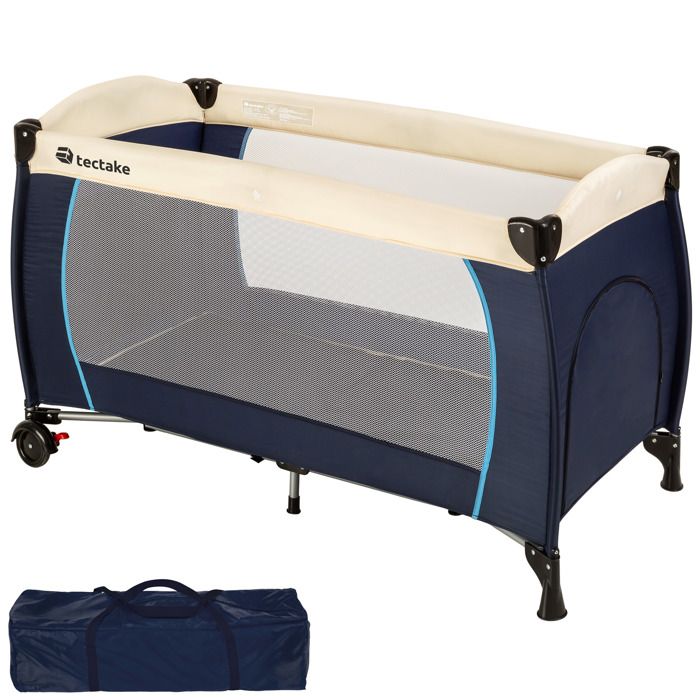 TECTAKE Lit Parapluie avec 2 Roulettes + 1 Sac de Rangement en Polyester 126 cm x 65 cm x 80 cm Bleu
