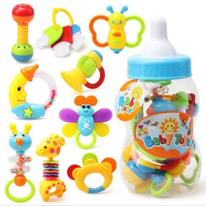 WY08069-9pcs Bébé Premier Hochet et Jouet de Dentition avec Bouteille de Lait Géant Saisir Jouet Coloré (Couleur Aléatoire)