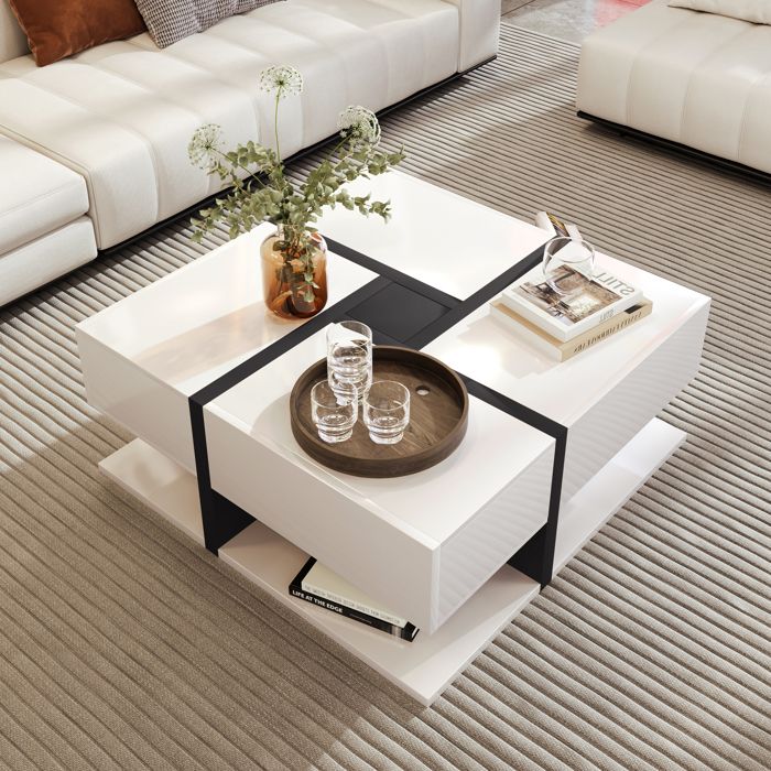 Table basse haut brillant avec 4 tiroirs - DRIPEX - Carré - Blanc - Contemporain - Design