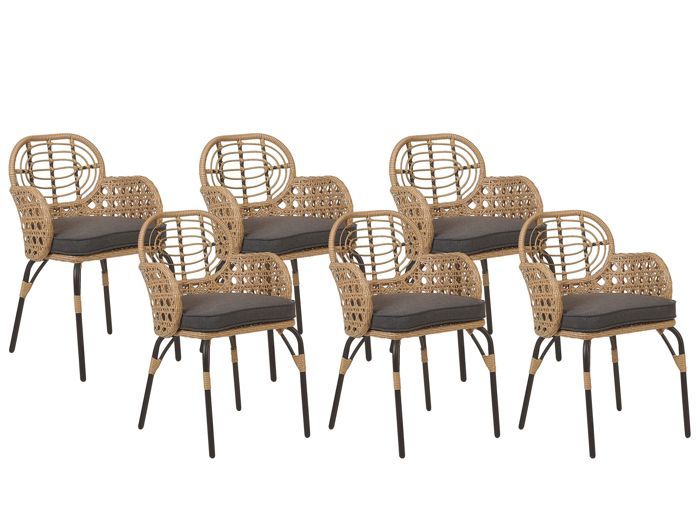 Lot de 6 chaises de jardin avec coussins en polyrotin naturel PRATELLO Lot de 6 chaises de jardin avec coussins en polyrotin naturel PRATELLO