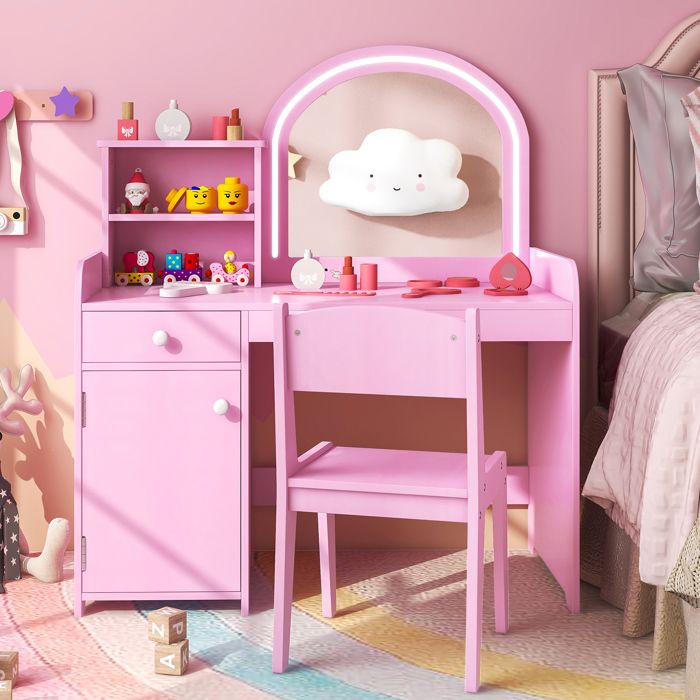 Coiffeuse Maquillage Enfant Costway Avec Miroir éclairé Et Tiroir - Neuf, à Monter, Dimensions 60x35x96 Cm