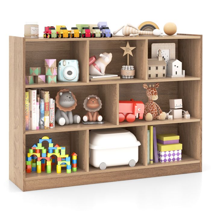 DREAMADE Bibliothèque Enfant en Bois à 3 Niveaux avec 8 Compartiments Patins Antidérapant Charge 60KG 122x32x93CM Naturel