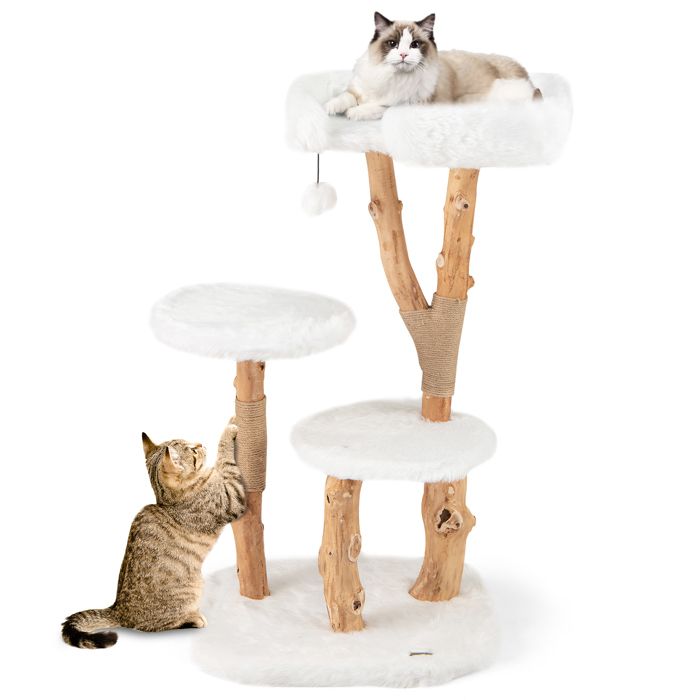 Comparer les prix de Arbre à Chat Multi-Niveaux 110 cm COSTWAY, Bois Massif, Perchoir, Poteaux à Gratter, Balle Suspendue, Condo pour Chat et Chaton