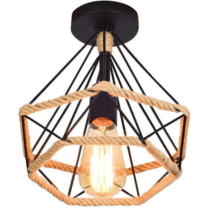 Lampe de Plafond rtro Plafonnier Industrielle Cage en forme Diamant en Mtal avec corde de chanvre Fer Lustre VENTILATEUR DE PLAFOND