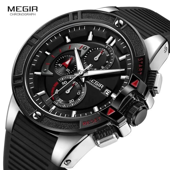 MEGIR - Montre chronographe sport pour homme - Montre-bracelet à quartz lumineuse en silicone - Noir