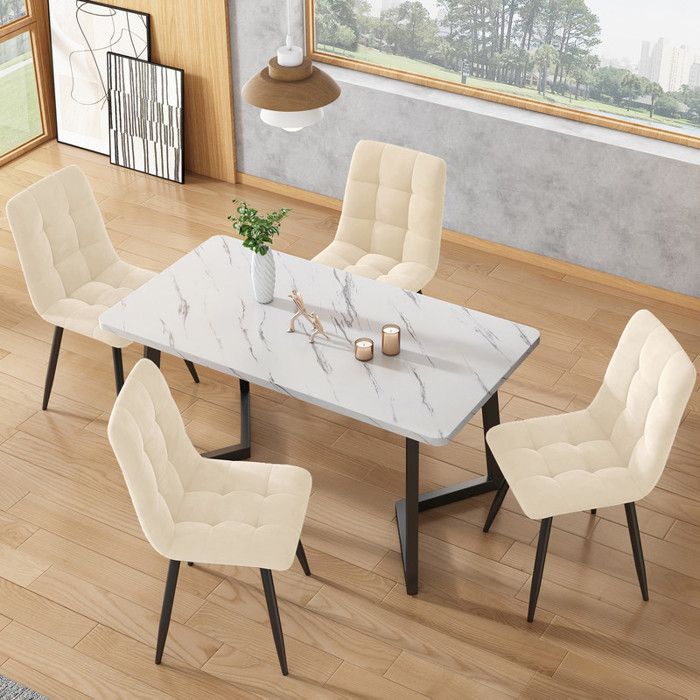 Ensemble Table et Chaises Salle a Manger 117X68 cm Table a Manger avec 4 Chaises Chaises en Velours Beige Pieds de Table Noirs