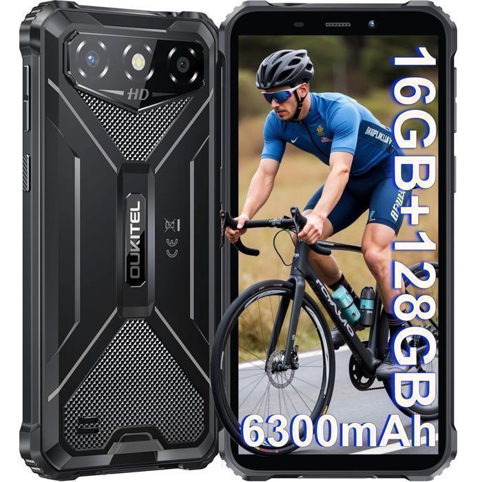 Smartphone Robuste OUKITEL G3 16GB+128GB 6300mAh 6 HD+ IPS Téléphone Portable Incassable Android 14 Double SIM 4G/GPS/Face ID Noir