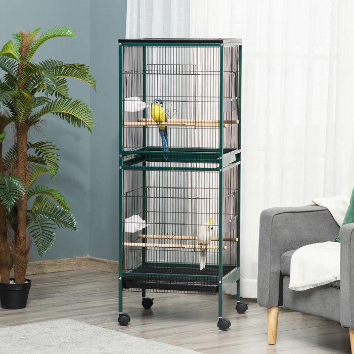 Comparer les prix de Grande Cage à Oiseaux sur pied double avec mangeoires perchoirs plateau amovible roulettes - Dim. 515L x 50l x 140H cm