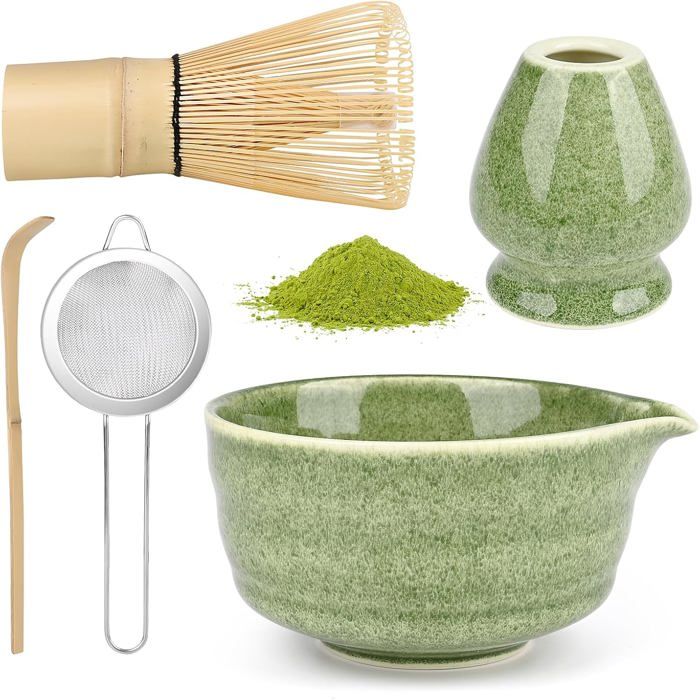 Kit Matcha 5 Pièces - Bol Bec Verseur, Fouet Bambou, Support, 2 Cuillères - Pour Cérémonie Du Thé Maison/Bureau