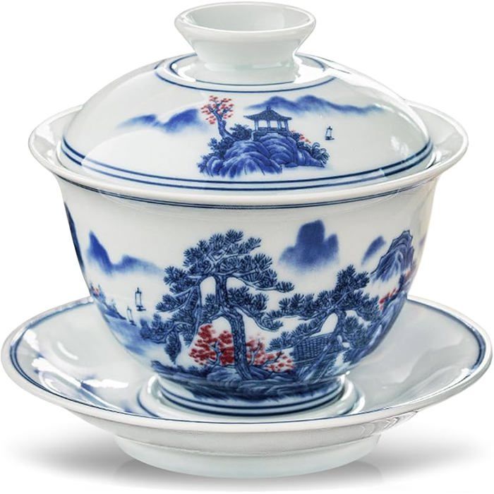 Gaiwan bol à thé traditionnel chinois bleu et blanc, porcelaine avec