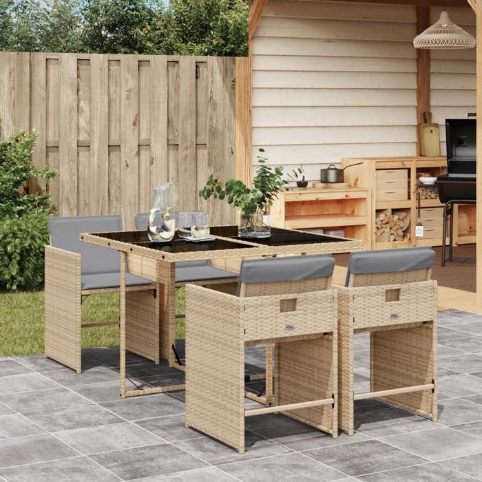 SALE 2026 meuble dextérieur arrière-cour terrasse Beige - Ensemble à manger de jardin coussins 5 pcs mélange beige rotin PR1131
