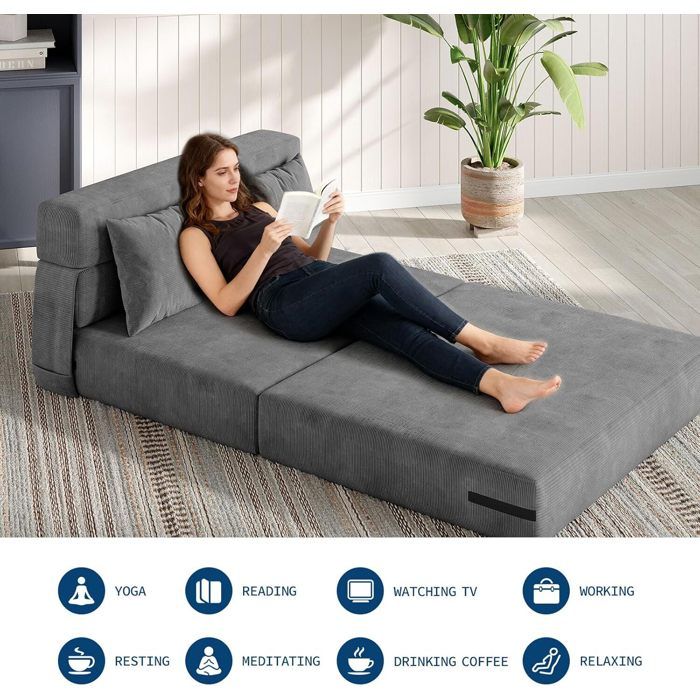 2-en-1 Convertible Canapé en Velours côtelé avec Fonction - Canapé-lit Pliable pour Salon & Chambre à Coucher-Gris foncé