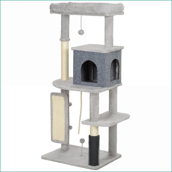 Arbre à chat &amp  Condo - Poteau à gratter lit maison + brosse - Gris clair