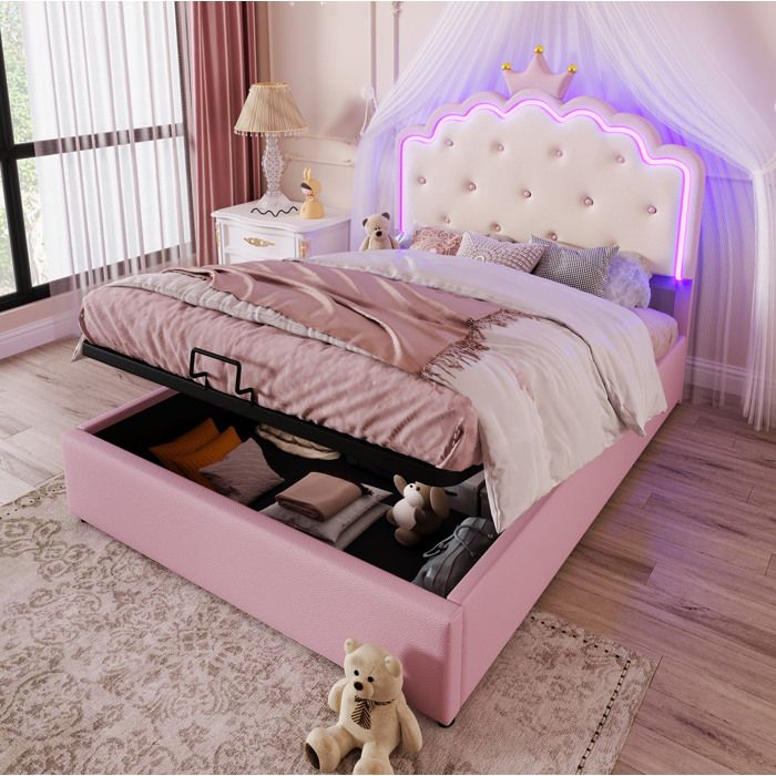 Lit double enfant rose 140×200 cm sommier inclus coffre hydraulique + LED structure stable