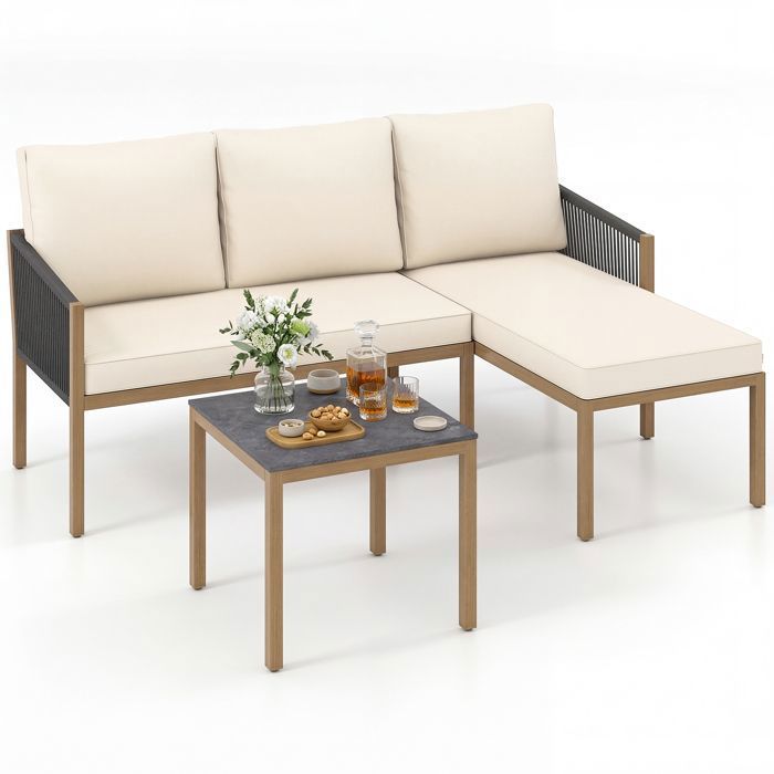 Ensemble Meubles de Jardin en Forme de L COSTWAY Coussins Amovibles Cadre en Métal Salon de Jardin Extérieur dAngle pour Balcon