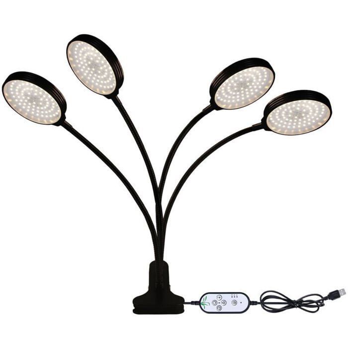 Lampe de croissance LED 4 têtes spectre complet lumière blanche minuterie 4/8/12 h 5 niveaux de luminosité clip