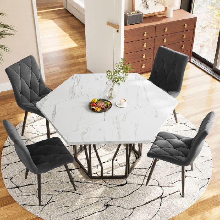 Table à manger avec chaises 5 pièces moderne table hexagonale aspect marbre + 4 Table à manger avec chaises velours gris chaleure