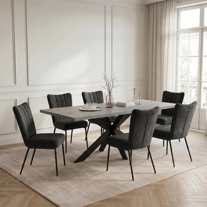 JIEXI Ensemble de tables et chaises de salle à manger extensibles en MDF avec 6 noir chaises rembourrées 160 à 200 cm