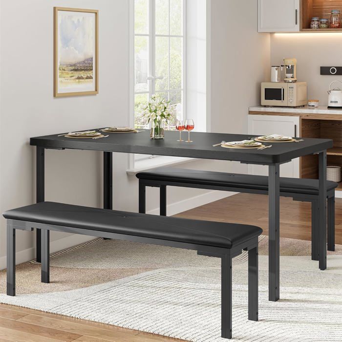 AFF Ensemble table et chaise de salle à manger-Table en Bois Massif Rectangulaire 110 cm avec 2 Bancs –pour Cuisine Salon Noir