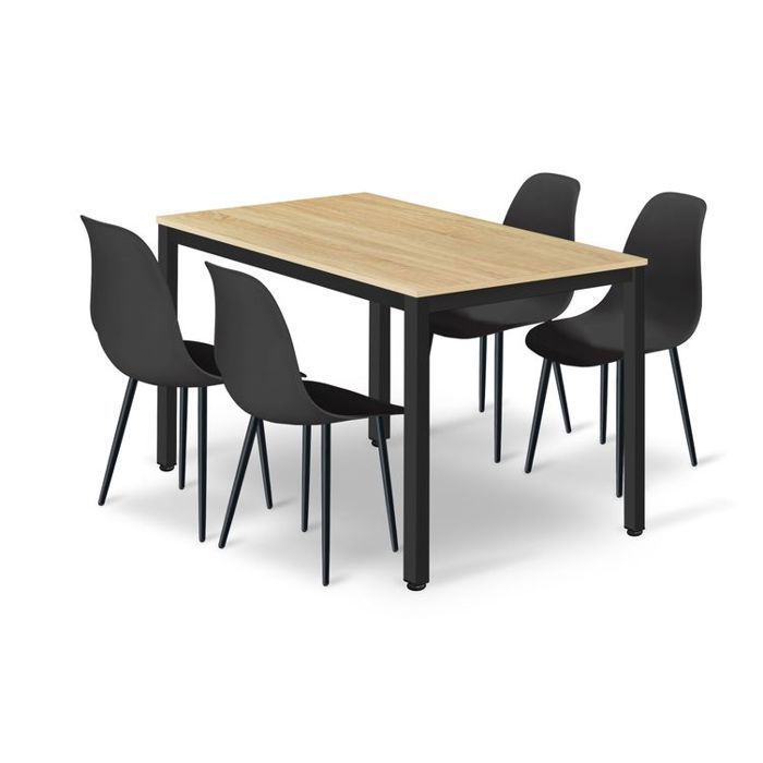 Ensemble : table TESSA 120 cm x 60 cm - chêne Sonoma / pieds noirs + 4 chaises WAT noires / pieds noirs