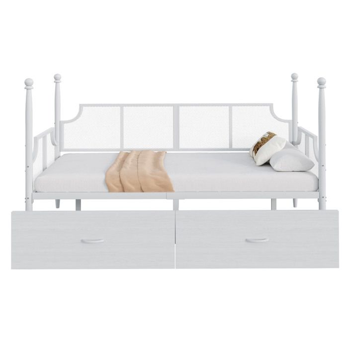 Banquette-lit en métal 90x200 cm dossier en maille accoudoirs vintage blanc cadre avec étagères