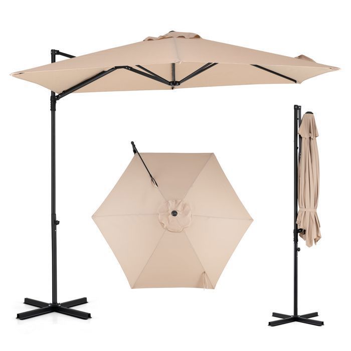 Parasol Déporté Hexagonale 290 cm COSTWAY Base en Croix Pivotant à 360° Toile Inclinable Ombrage Parasol de Jardin Beige